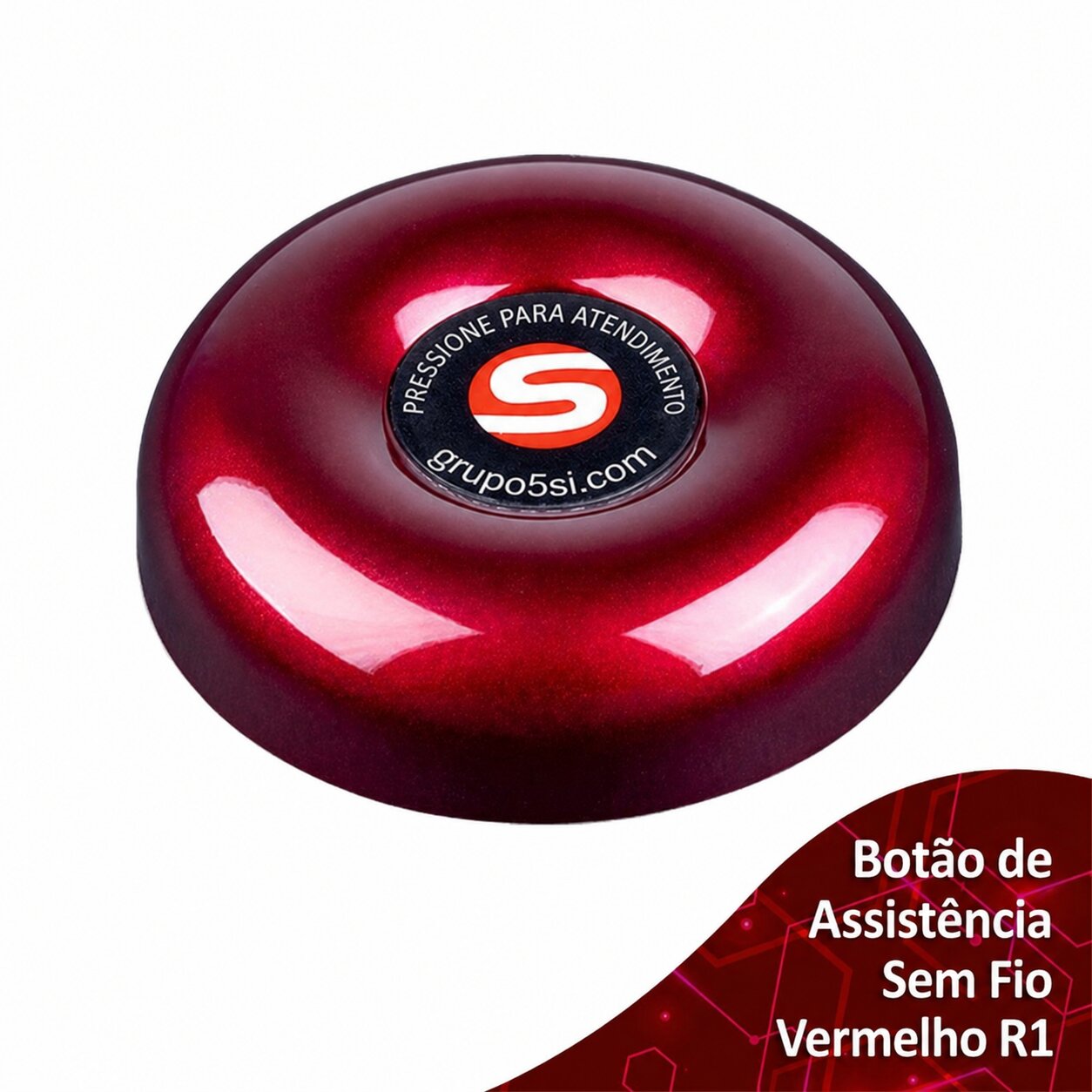 Botão de assistência sem fio vermelho da 5S em detalhe, com a etiqueta “Pressione para atendimento”