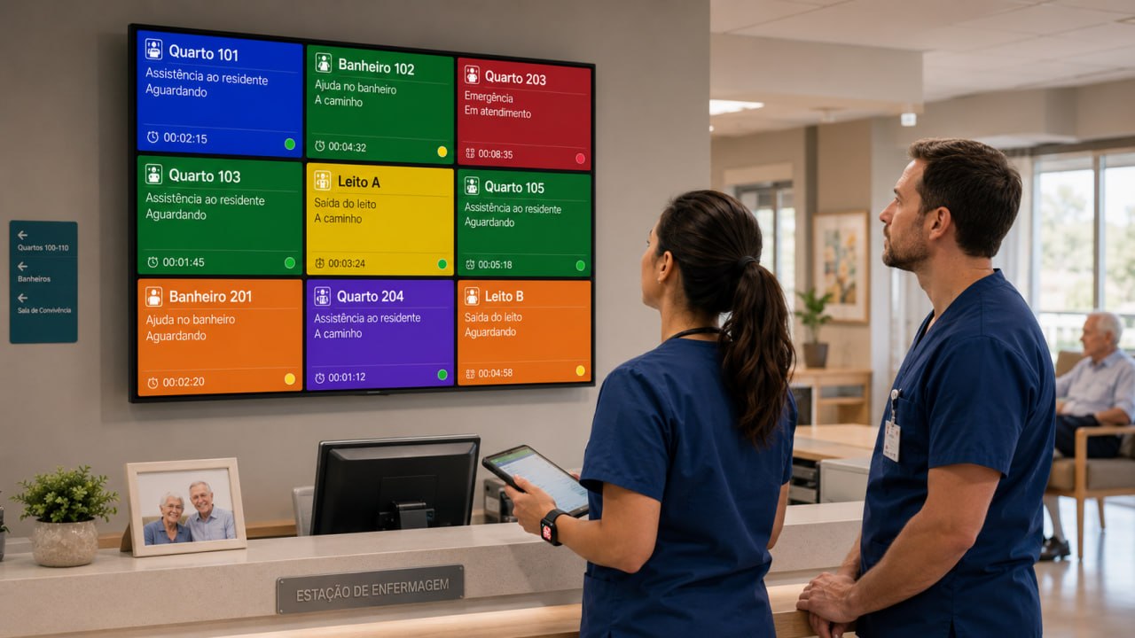 Equipe de enfermagem acompanhando os chamados no painel Smart Call no posto