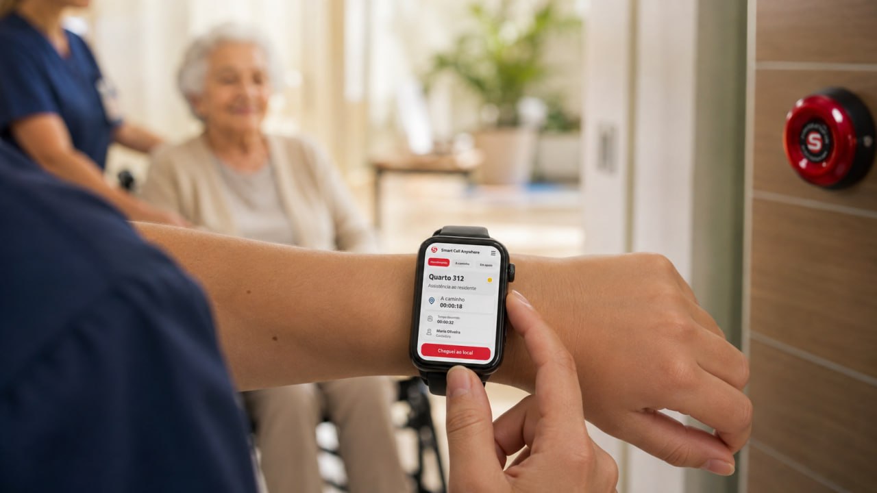 Cuidadora recebendo o chamado no relógio Smart Call