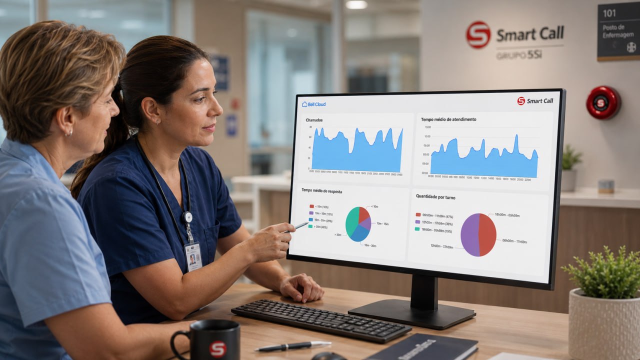 Equipe analisando os relatórios de atendimento no Bell Cloud